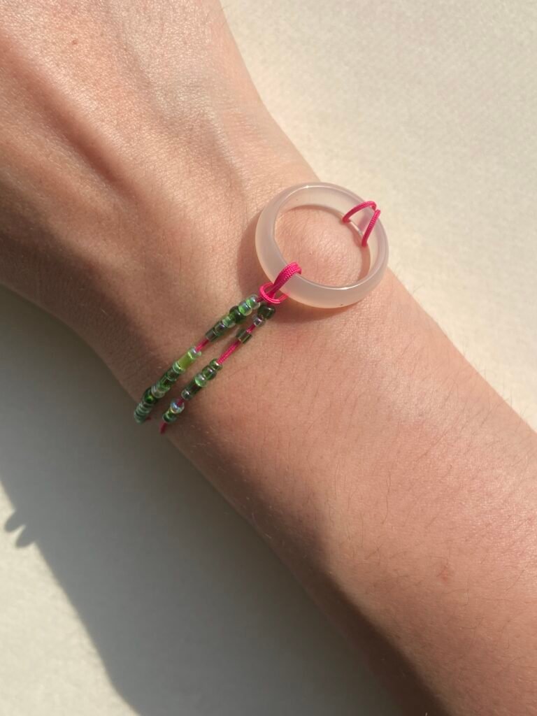 Circle Bracelet — Blush Agate Ring + Green Beads